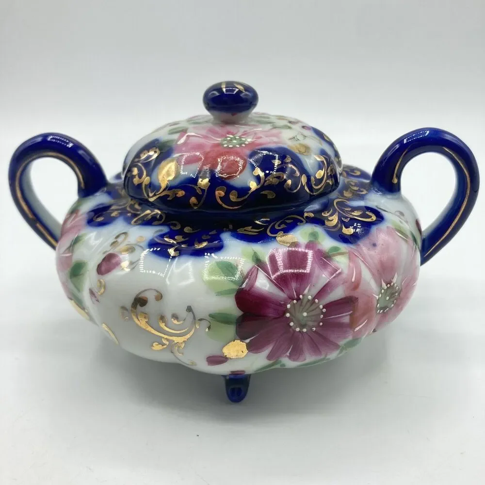 Antique Nippon Flow Blue Floral Creamer & Lidded Sugar Bowl Set Melon Gold Gilt